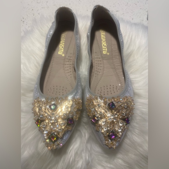 Women's Ballet Flats With Rhinestones - Foldable Sparkly Shoes For Weddings & Parties